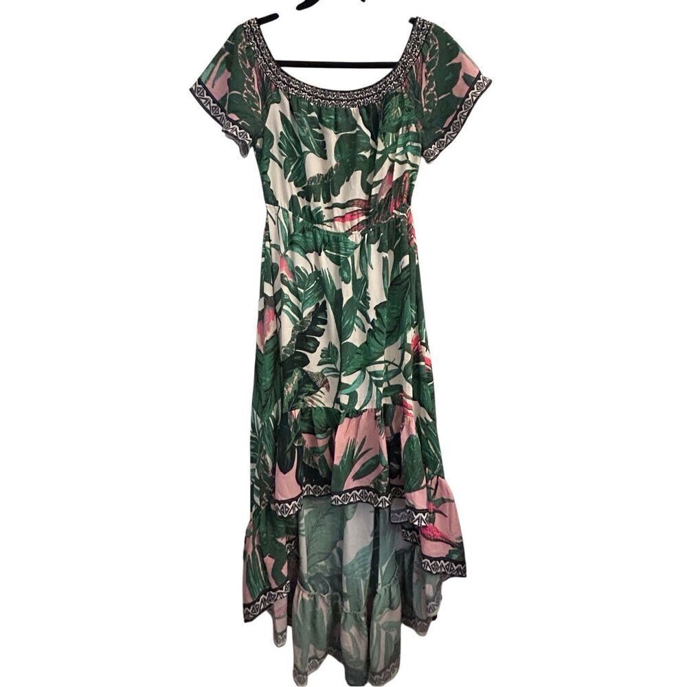 Flying Tomato Tropical Palm and Bird print high-low maxi dress size S Vacation B